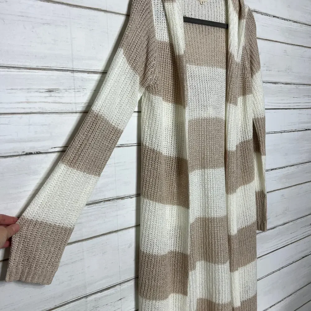 POL Tan Ivory Striped Long Knit Hooded Cardigan Sweater Open Front Size Small